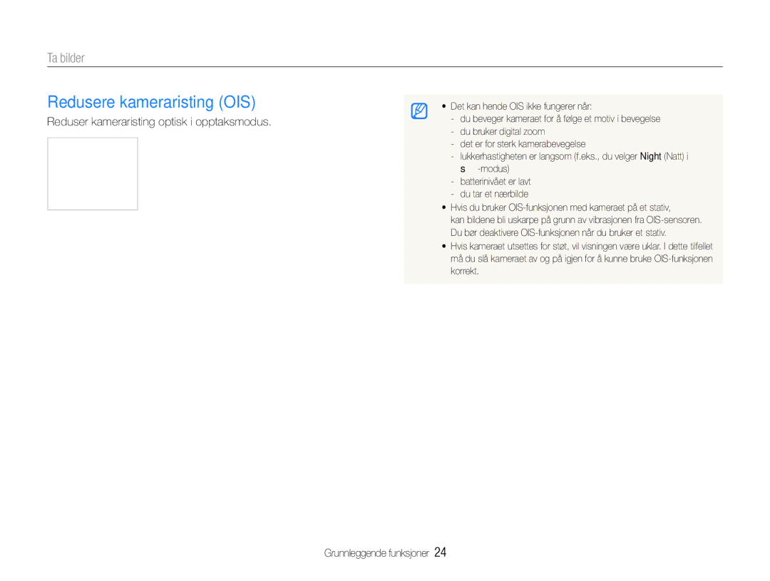 Samsung EC-WB650ZBPBE2, EC-WB660ZBDBE2 manual Redusere kameraristing OIS, Opptaksmodus trykker du på m 