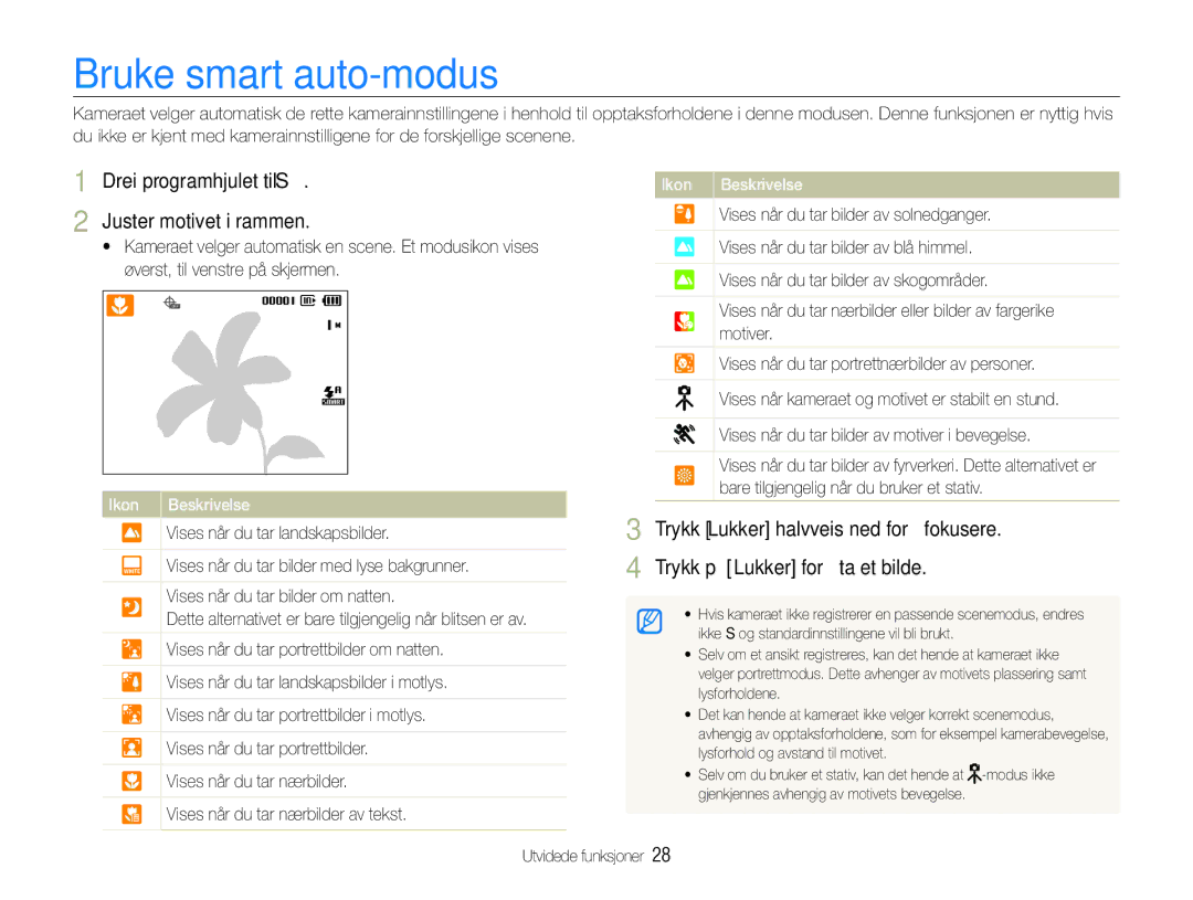 Samsung EC-WB650ZBPBE2, EC-WB660ZBDBE2 manual Bruke smart auto-modus, Drei programhjulet til S Juster motivet i rammen 