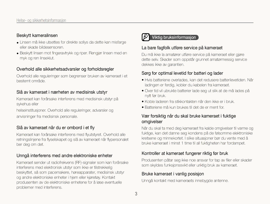 Samsung EC-WB660ZBDBE2, EC-WB650ZBPBE2 manual Beskytt kameralinsen, Overhold alle sikkerhetsadvarsler og forholdsregler 