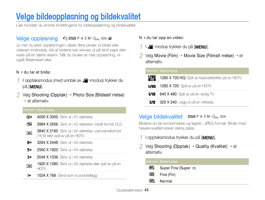 Samsung EC-WB650ZBPBE2, EC-WB660ZBDBE2 manual Velge bildeoppløsning og bildekvalitet, Velge oppløsning S a p a h n d s 