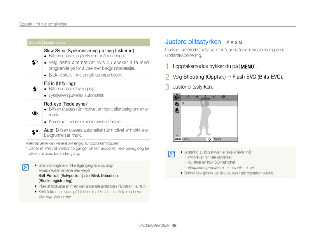 Samsung EC-WB650ZBPBE2, EC-WB660ZBDBE2 manual Justere blitsstyrken p a h n, Opptak i mørke omgivelser 