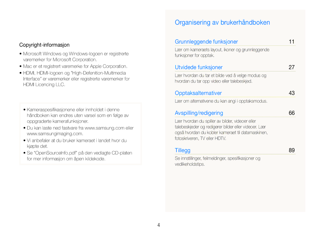 Samsung EC-WB650ZBPBE2, EC-WB660ZBDBE2 manual Organisering av brukerhåndboken, Copyright-informasjon 