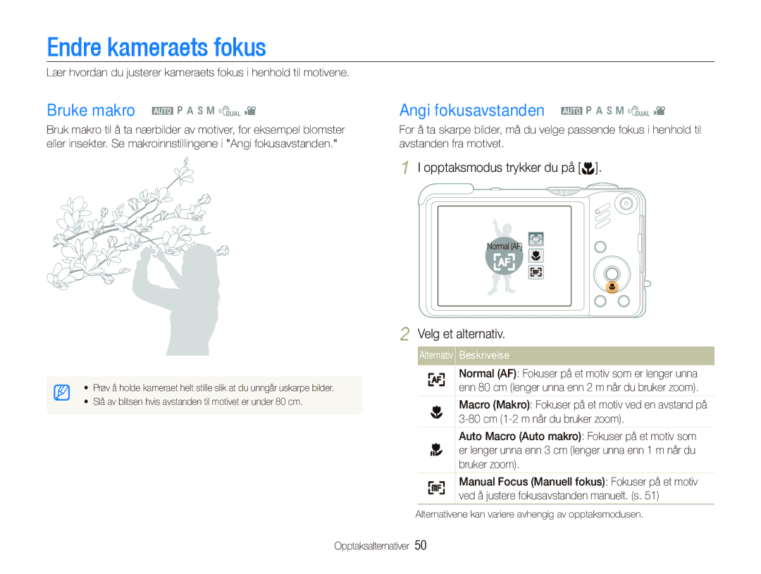 Samsung EC-WB650ZBPBE2, EC-WB660ZBDBE2 manual Endre kameraets fokus, Angi fokusavstanden a p a h n d 