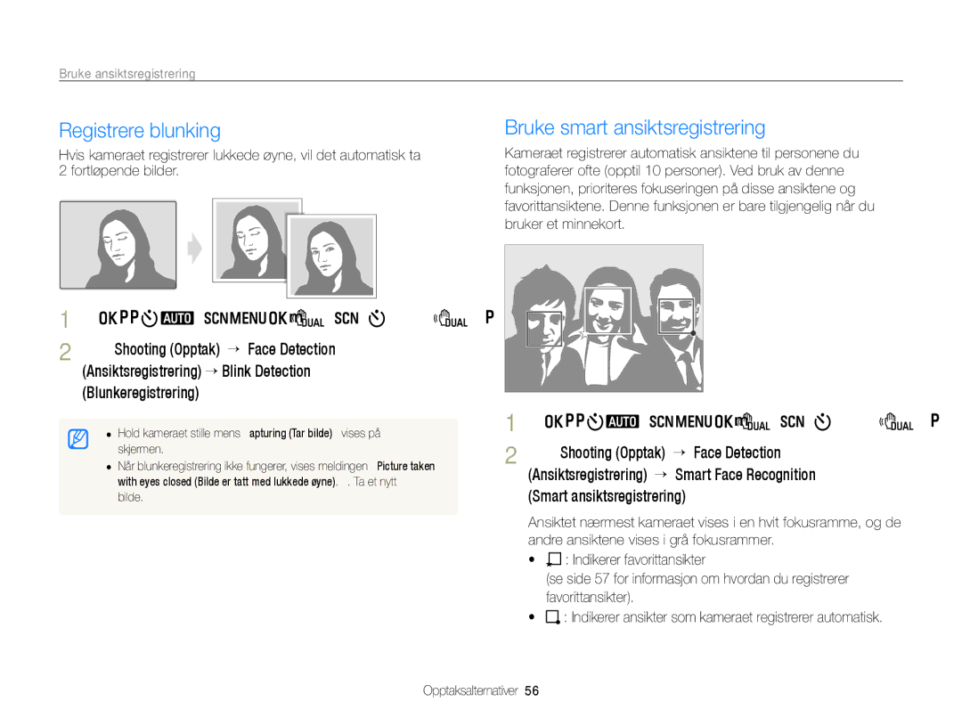 Samsung EC-WB650ZBPBE2 Registrere blunking Bruke smart ansiktsregistrering, Ansiktsregistrering ¢ Smart Face Recognition 