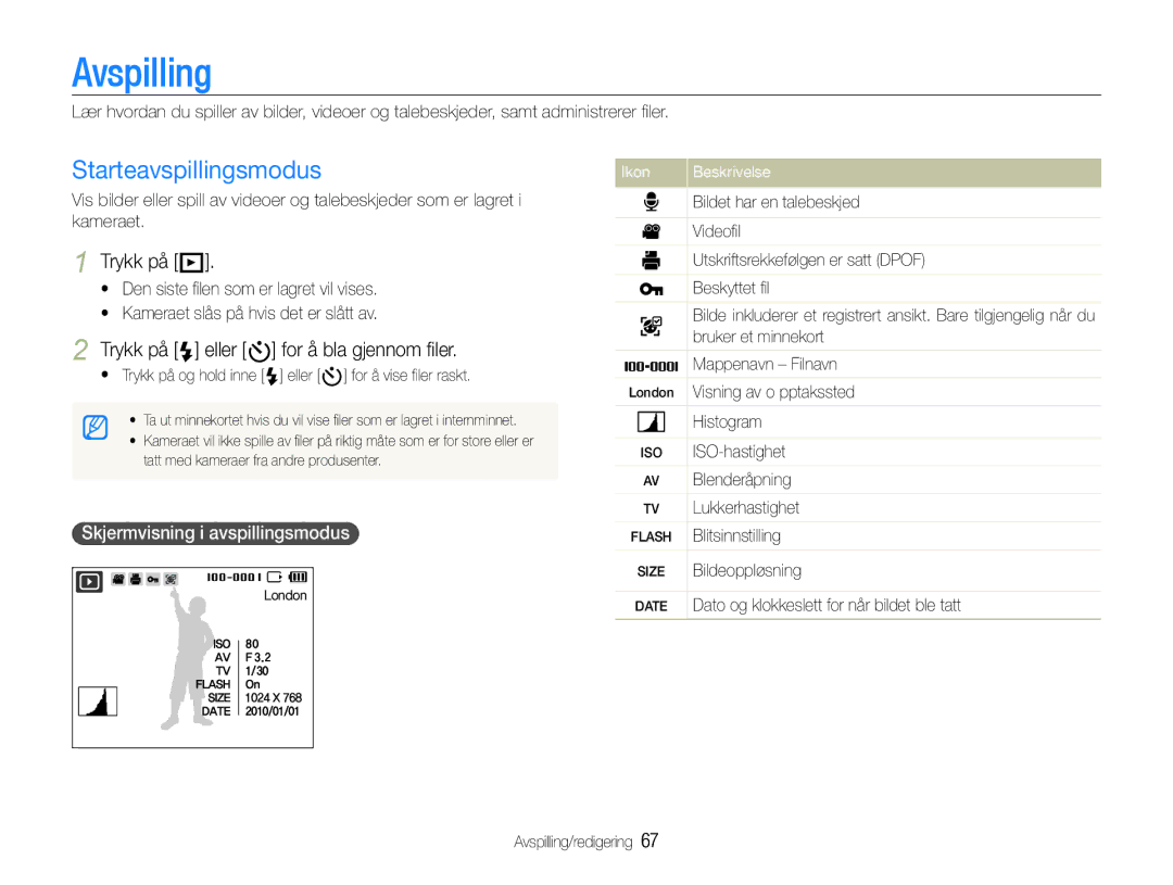 Samsung EC-WB660ZBDBE2 manual Avspilling, Starteavspillingsmodus, Trykk på P, Trykk på F eller t for å bla gjennom ﬁler 