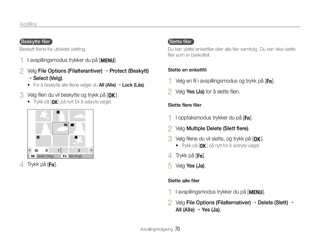Samsung EC-WB650ZBPBE2 Velg ﬁlen du vil beskytte og trykk på o, Trykk på f Velg Yes Ja, Beskytte ﬁler, Slette ﬁler 
