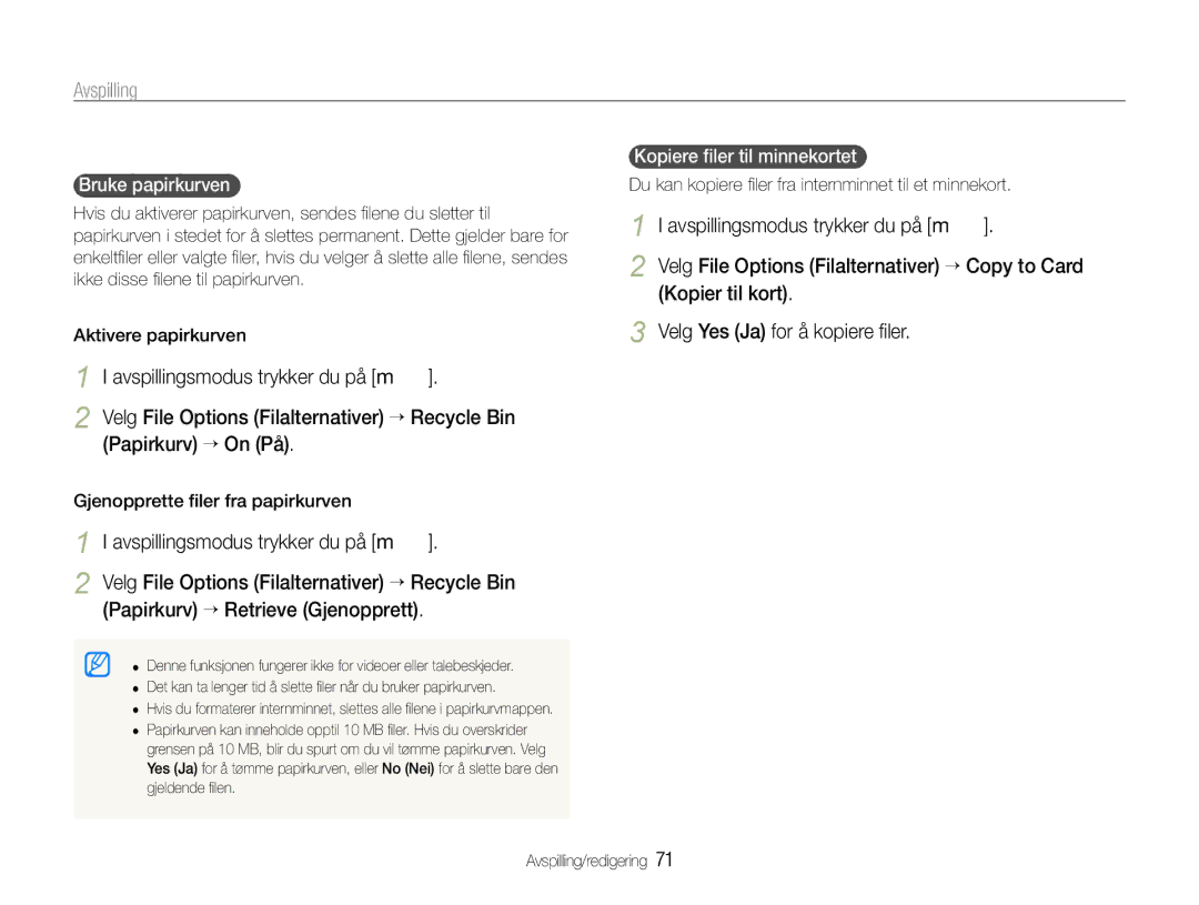 Samsung EC-WB660ZBDBE2, EC-WB650ZBPBE2 Kopiere ﬁler til minnekortet Bruke papirkurven, Gjenopprette ﬁler fra papirkurven 
