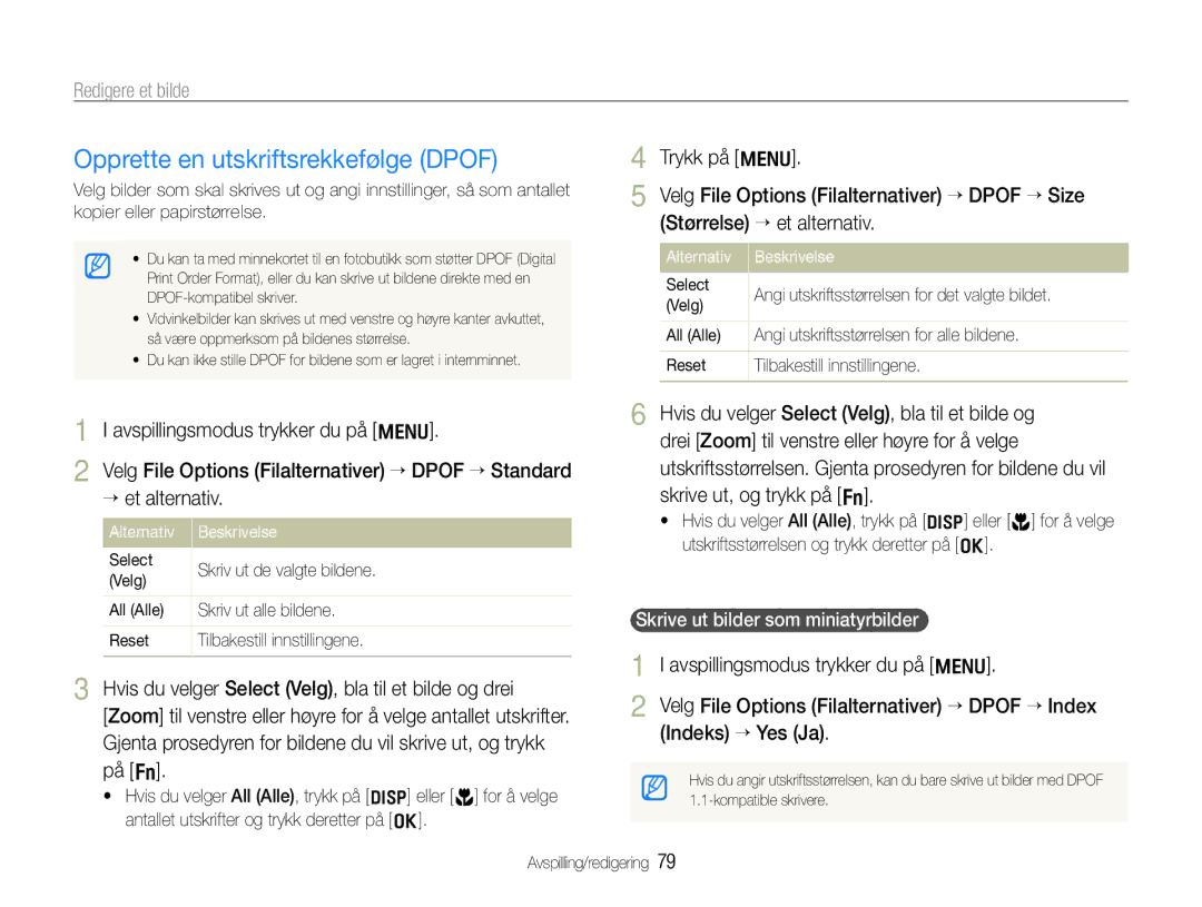 Samsung EC-WB660ZBDBE2, EC-WB650ZBPBE2 manual Opprette en utskriftsrekkefølge Dpof, ¢ et alternativ Skrive ut, og trykk på f 