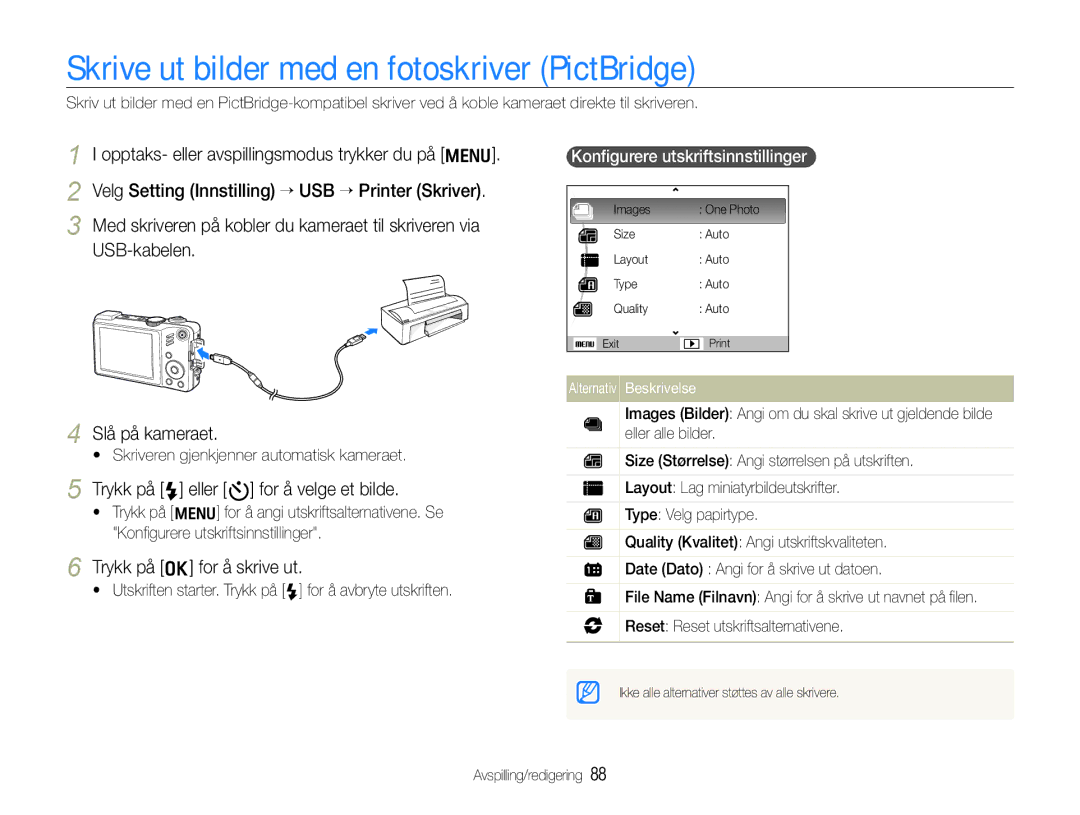 Samsung EC-WB650ZBPBE2 manual Skrive ut bilder med en fotoskriver PictBridge, Trykk på F eller t for å velge et bilde 