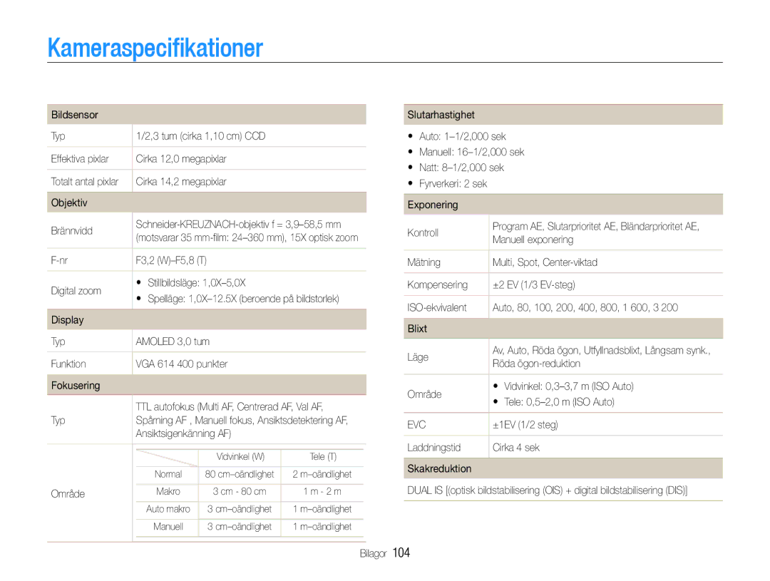 Samsung EC-WB650ZBPBE2, EC-WB660ZBDBE2 manual Kameraspecifikationer, 104 