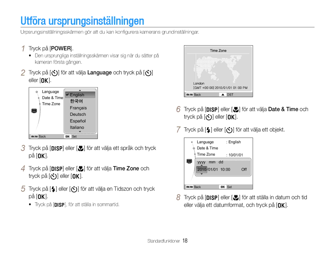 Samsung EC-WB650ZBPBE2, EC-WB660ZBDBE2 manual Utföra ursprungsinställningen, Tryck på Power 