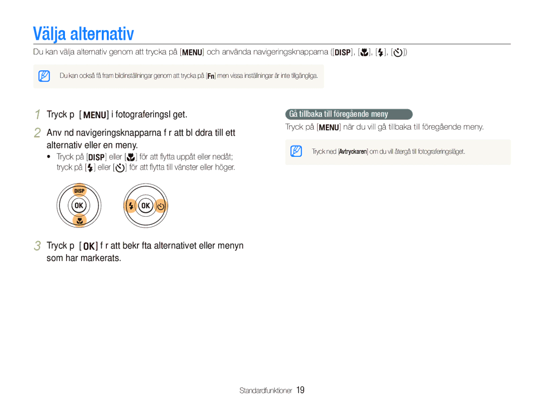 Samsung EC-WB660ZBDBE2, EC-WB650ZBPBE2 manual Välja alternativ, Gå tillbaka till föregående meny 