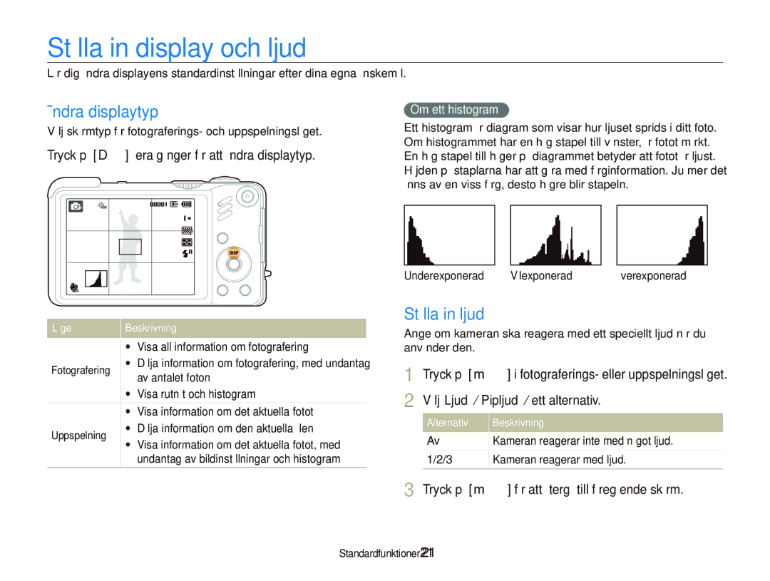 Samsung EC-WB660ZBDBE2, EC-WB650ZBPBE2 manual Ställa in display och ljud, Ändra displaytyp, Ställa in ljud 