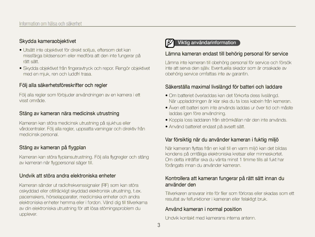 Samsung EC-WB660ZBDBE2 Skydda kameraobjektivet, Följ alla säkerhetsföreskrifter och regler, Stäng av kameran på ﬂygplan 