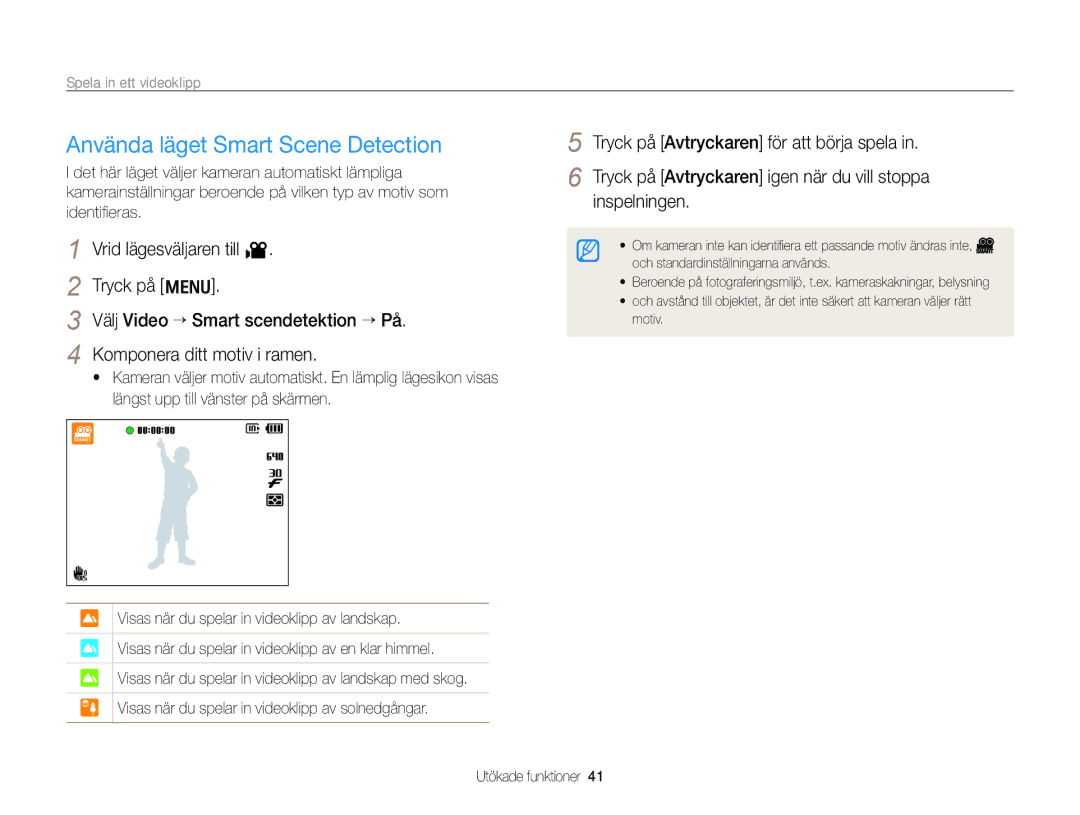 Samsung EC-WB660ZBDBE2, EC-WB650ZBPBE2 manual Använda läget Smart Scene Detection, Spela in ett videoklipp 