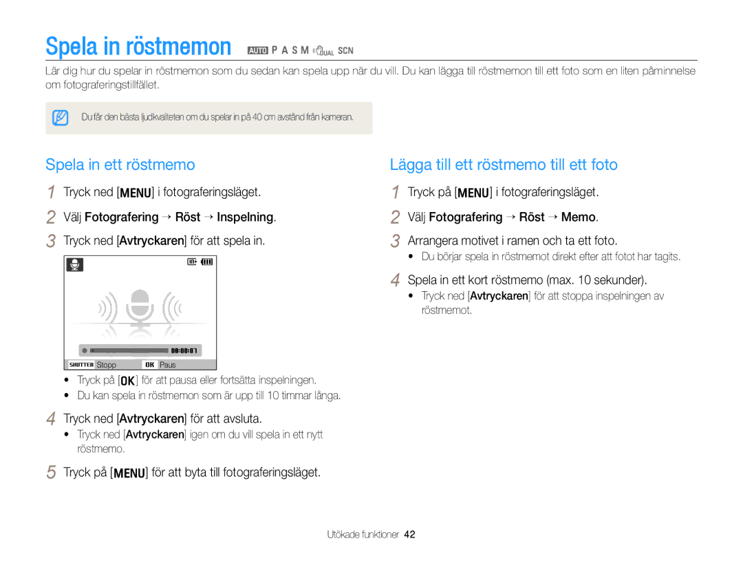 Samsung EC-WB650ZBPBE2 Spela in röstmemon a p a h n d s, Spela in ett röstmemo, Lägga till ett röstmemo till ett foto 