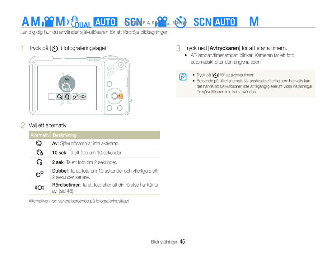 Samsung EC-WB660ZBDBE2, EC-WB650ZBPBE2 manual Använda självutlösaren S a p a h n d s, Välj ett alternativ 