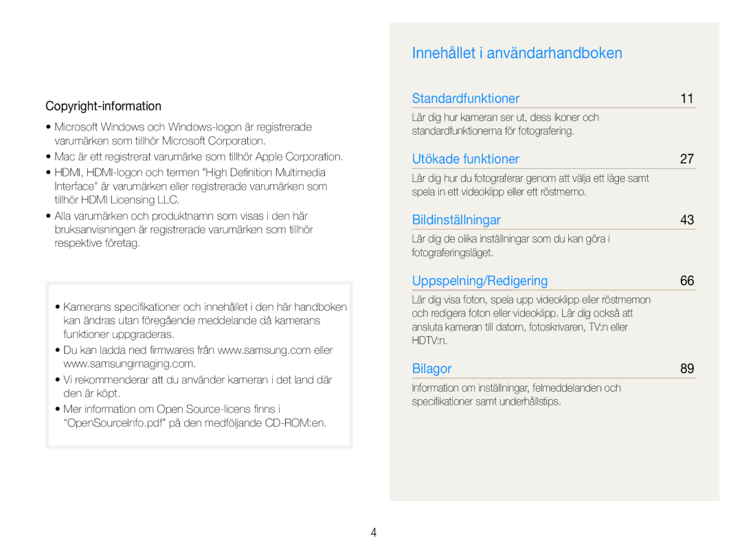 Samsung EC-WB650ZBPBE2 Innehållet i användarhandboken, Copyright-information, Spela in ett videoklipp eller ett röstmemo 