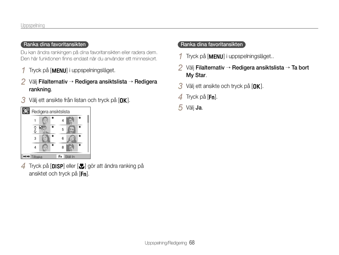 Samsung EC-WB650ZBPBE2, EC-WB660ZBDBE2 manual Uppspelning, Ranka dina favoritansikten, Redigera ansiktslista 