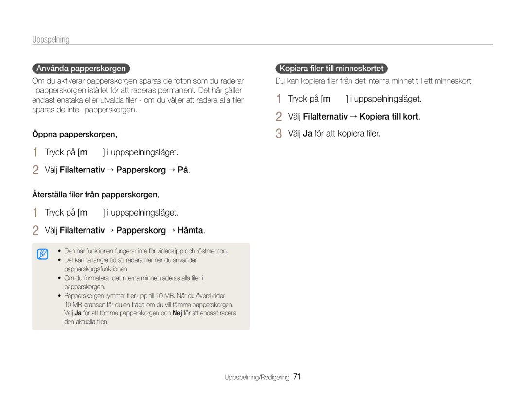 Samsung EC-WB660ZBDBE2 manual Använda papperskorgen, Kopiera ﬁler till minneskortet, Återställa ﬁler från papperskorgen 