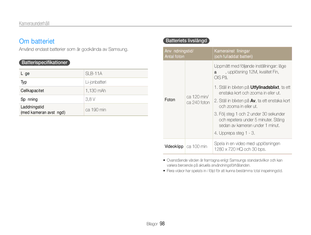 Samsung EC-WB650ZBPBE2 manual Om batteriet, Batterispeciﬁkationer, Batteriets livslängd, Användningstid Kamerainställningar 