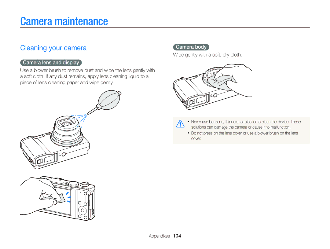 Samsung EC-WB690ZBPBE1, EC-WB690ZBPBRU manual Camera maintenance, Cleaning your camera, Camera lens and display, Camera body 