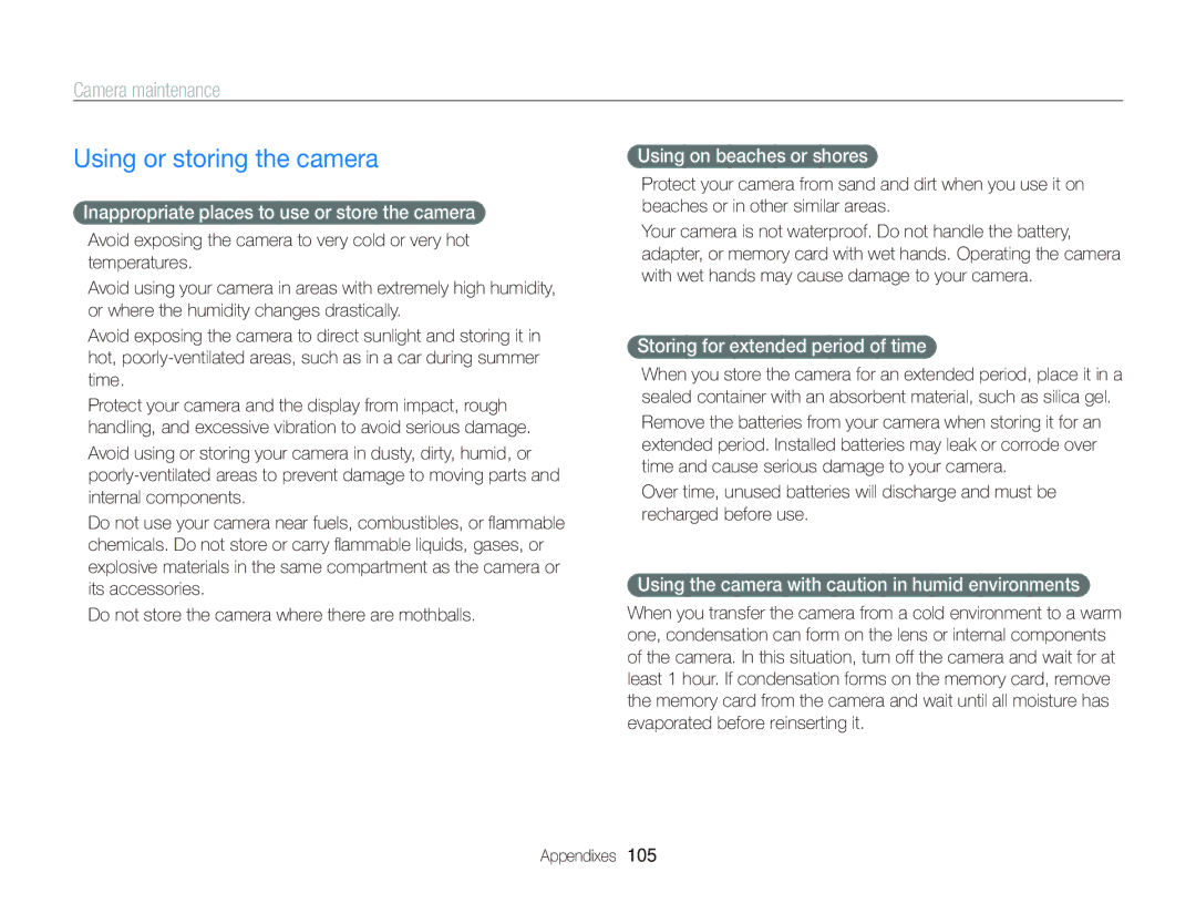 Samsung EC-WB690ZBPBRU, EC-WB690ZBPBE1, EC-WB690ZBPBE2 manual Using or storing the camera, Camera maintenance 