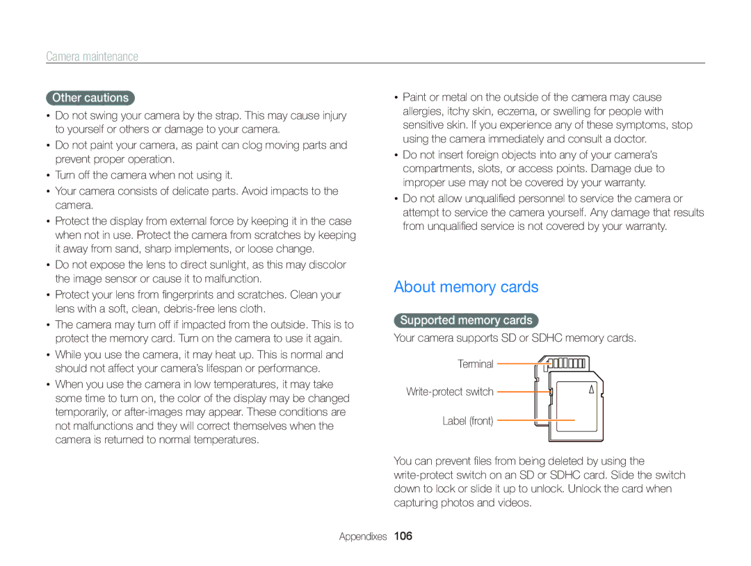 Samsung EC-WB690ZBPBE2, EC-WB690ZBPBE1, EC-WB690ZBPBRU manual About memory cards, Other cautions, Supported memory cards 