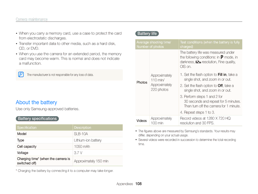 Samsung EC-WB690ZBPBRU, EC-WB690ZBPBE1, EC-WB690ZBPBE2 manual About the battery, Battery speciﬁcations, Battery life 