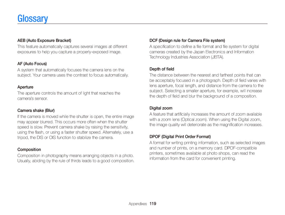 Samsung EC-WB690ZBPBE1 Glossary, AEB Auto Exposure Bracket, AF Auto Focus, Composition, Dpof Digital Print Order Format 