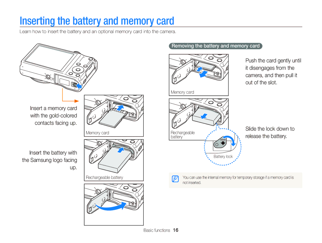 Samsung EC-WB690ZBPBE2 manual Inserting the battery and memory card, Insert the battery with the Samsung logo facing up 