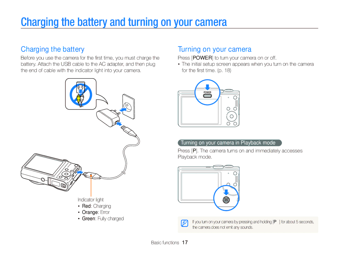 Samsung EC-WB690ZBPBE1, EC-WB690ZBPBRU manual Charging the battery and turning on your camera, Turning on your camera 