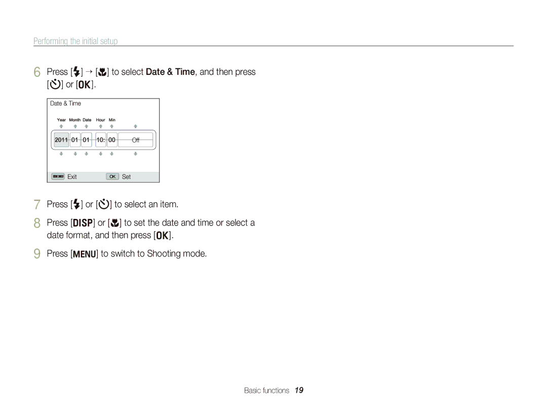 Samsung EC-WB690ZBPBE2 manual Performing the initial setup, Press F “ c to select Date & Time, and then press t or o 