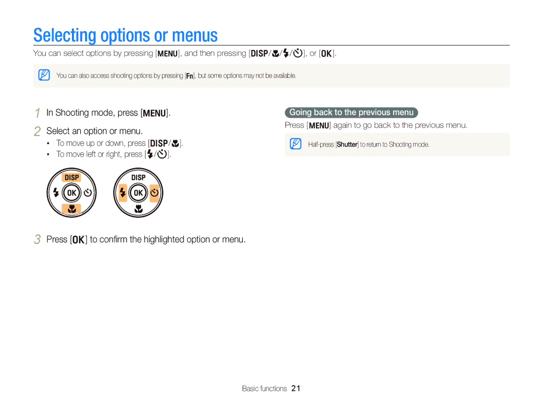 Samsung EC-WB690ZBPBRU manual Selecting options or menus, Select an option or menu, Going back to the previous menu 