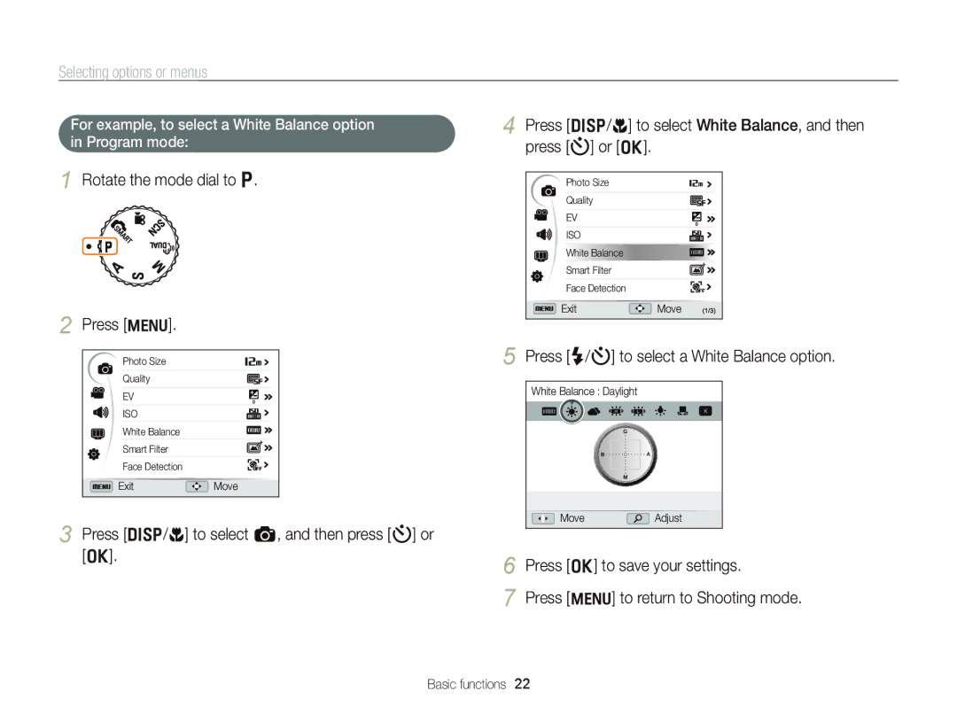 Samsung EC-WB690ZBPBE2 manual Selecting options or menus, Rotate the mode dial to Ò Press m, Press o to save your settings 