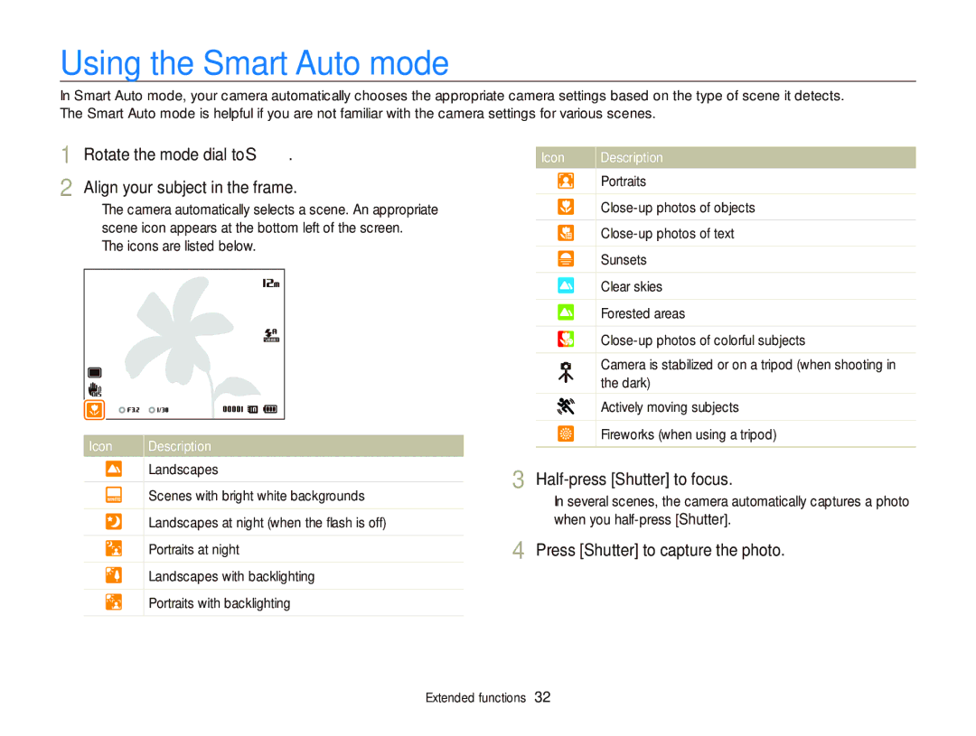 Samsung EC-WB690ZBPBE1 manual Using the Smart Auto mode, Rotate the mode dial to S Align your subject in the frame 