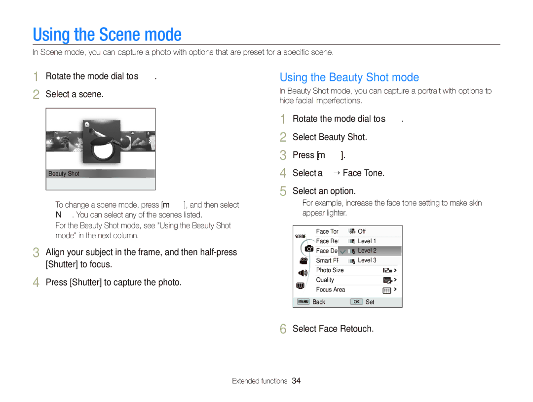 Samsung EC-WB690ZBPBE2 manual Using the Scene mode, Using the Beauty Shot mode, Rotate the mode dial to s Select a scene 