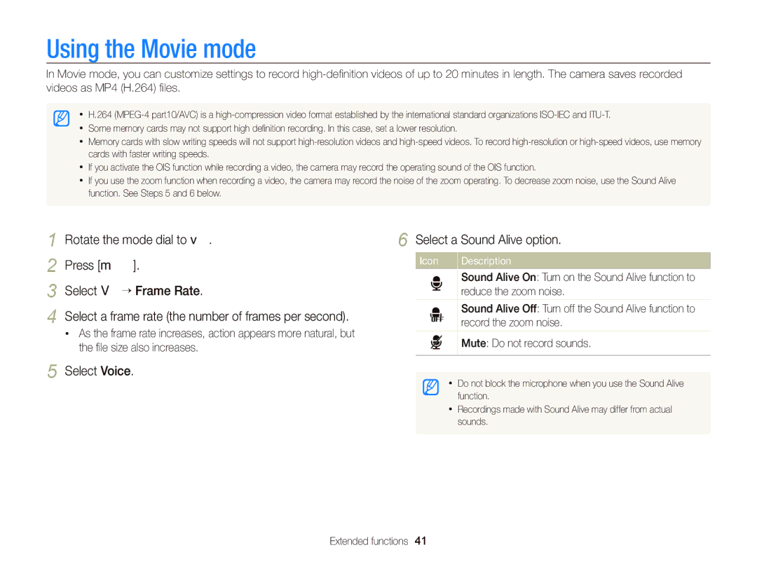 Samsung EC-WB690ZBPBE1, EC-WB690ZBPBRU, EC-WB690ZBPBE2 manual Using the Movie mode, Select Voice Select a Sound Alive option 