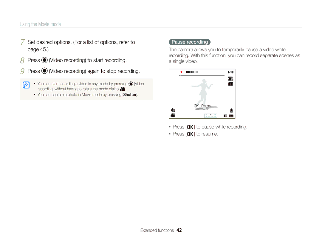 Samsung EC-WB690ZBPBRU, EC-WB690ZBPBE1 manual Using the Movie mode, Pause recording, Video recording again to stop recording 