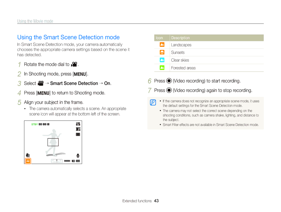 Samsung EC-WB690ZBPBE2 manual Using the Smart Scene Detection mode, Press Video recording again to stop recording 