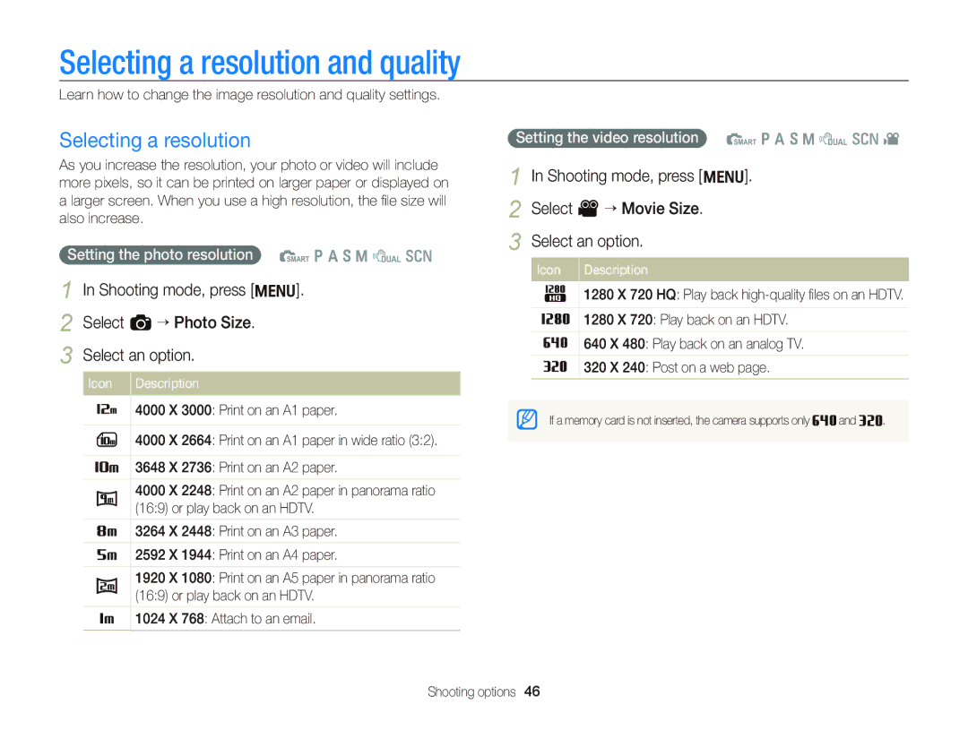 Samsung EC-WB690ZBPBE2, EC-WB690ZBPBE1 manual Selecting a resolution and quality, Setting the photo resolution S Ò a h M d s 