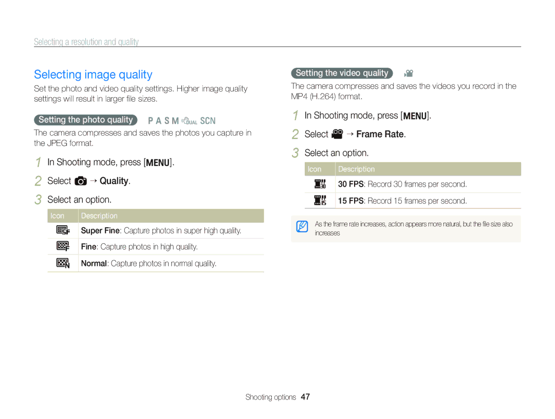 Samsung EC-WB690ZBPBE1 Selecting image quality, Selecting a resolution and quality, Setting the photo quality Ò a h M d s 