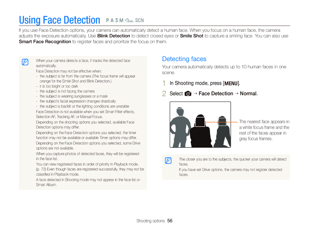 Samsung EC-WB690ZBPBE1, EC-WB690ZBPBRU, EC-WB690ZBPBE2 manual Using Face Detection Ò a h M d s, Detecting faces 