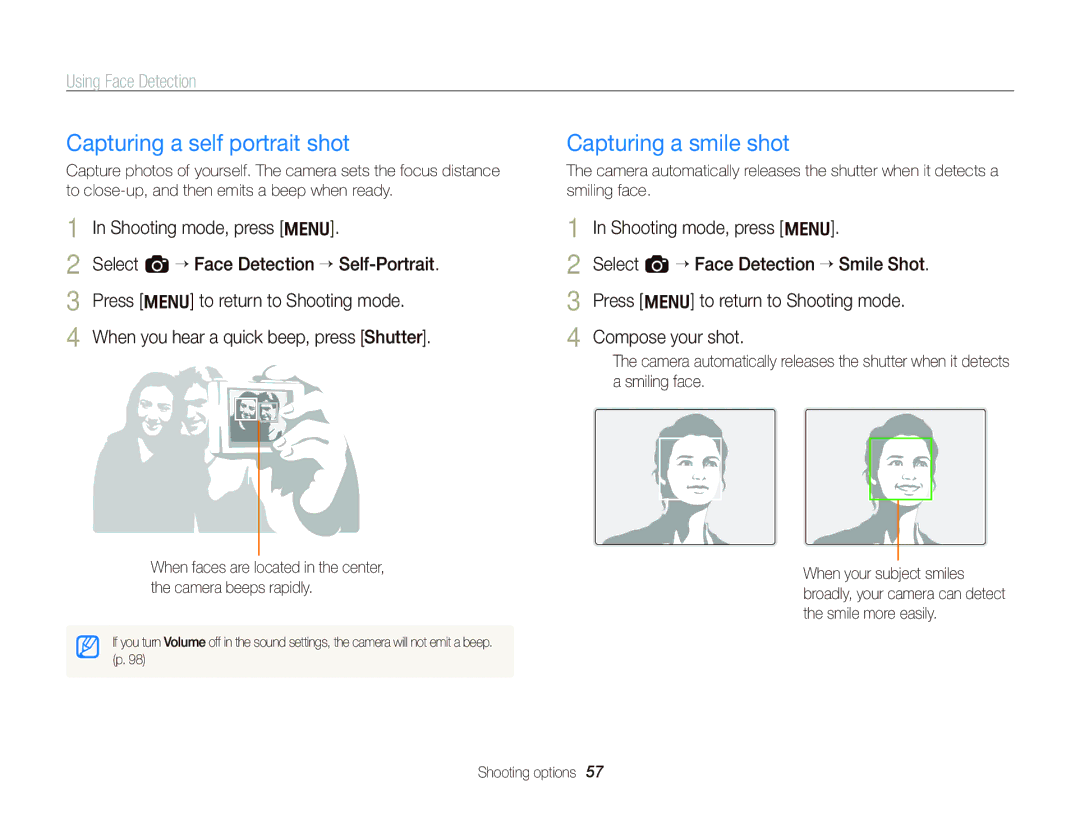 Samsung EC-WB690ZBPBRU Capturing a self portrait shot, Capturing a smile shot, Using Face Detection, Compose your shot 