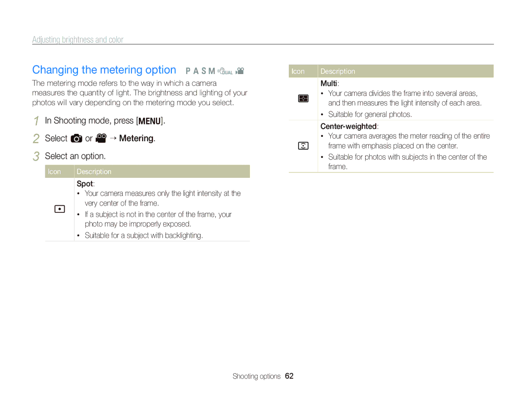 Samsung EC-WB690ZBPBE1 Changing the metering option Ò a h M d, Adjusting brightness and color, Select a or V “ Metering 