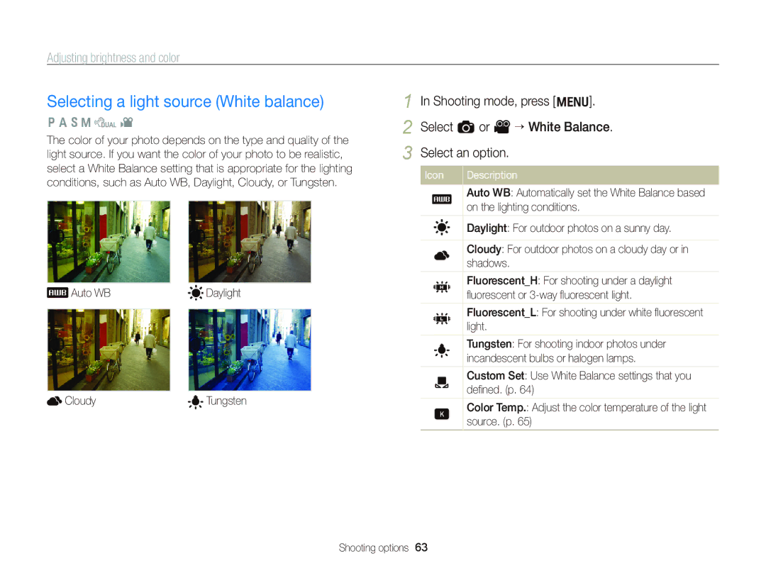 Samsung EC-WB690ZBPBRU, EC-WB690ZBPBE1, EC-WB690ZBPBE2 manual Selecting a light source White balance, Auto WB Daylight Cloudy 
