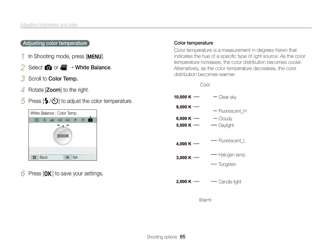 Samsung EC-WB690ZBPBE1, EC-WB690ZBPBRU, EC-WB690ZBPBE2 manual Adjusting color temperature 