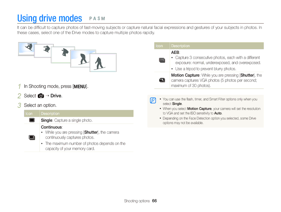 Samsung EC-WB690ZBPBRU, EC-WB690ZBPBE1 Using drive modes Ò a h M, Shooting mode, press m Select a “ Drive Select an option 