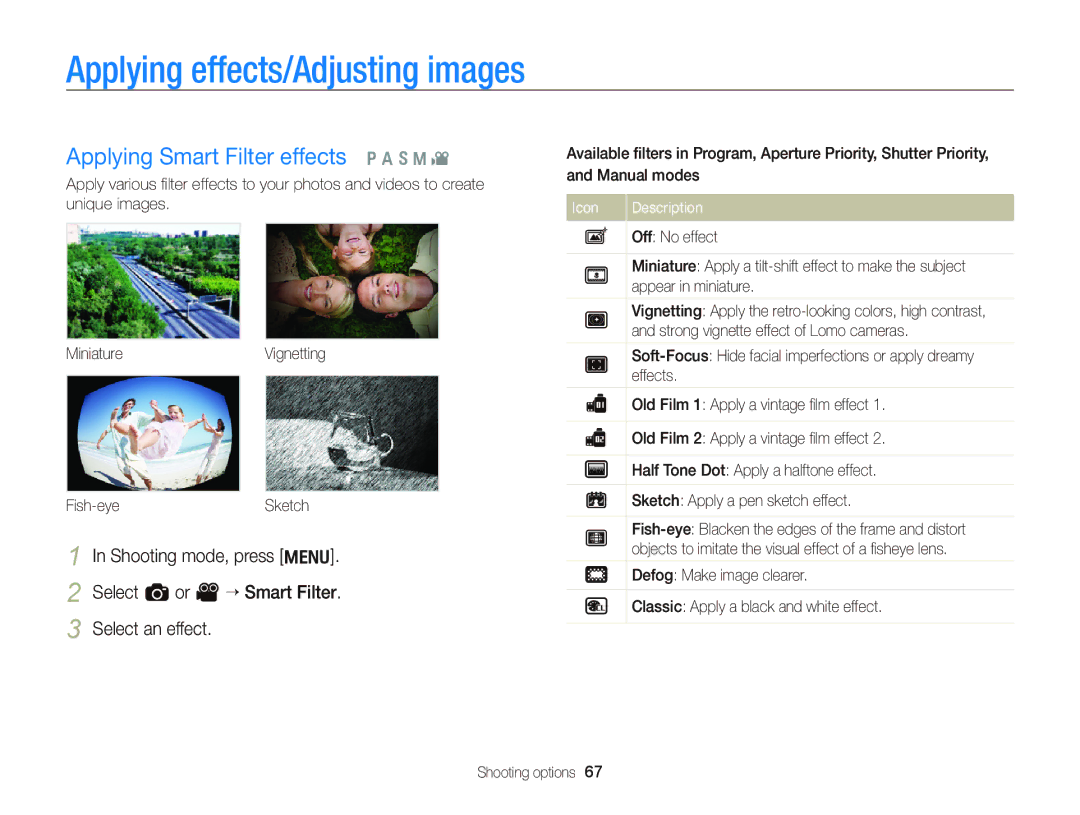 Samsung EC-WB690ZBPBE2, EC-WB690ZBPBE1 manual Applying effects/Adjusting images, Applying Smart Filter effects Ò a h M 