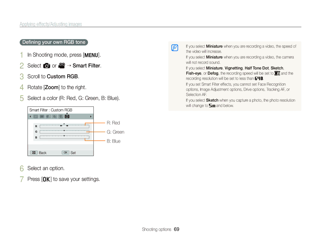 Samsung EC-WB690ZBPBRU Press o to save your settings, Deﬁning your own RGB tone, Select a color R Red, G Green, B Blue 